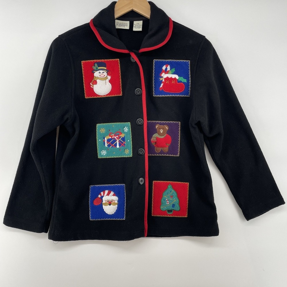 Christmas Jacket Women PS Black Fleece Holiday Ugly Embroidered‎ Patch